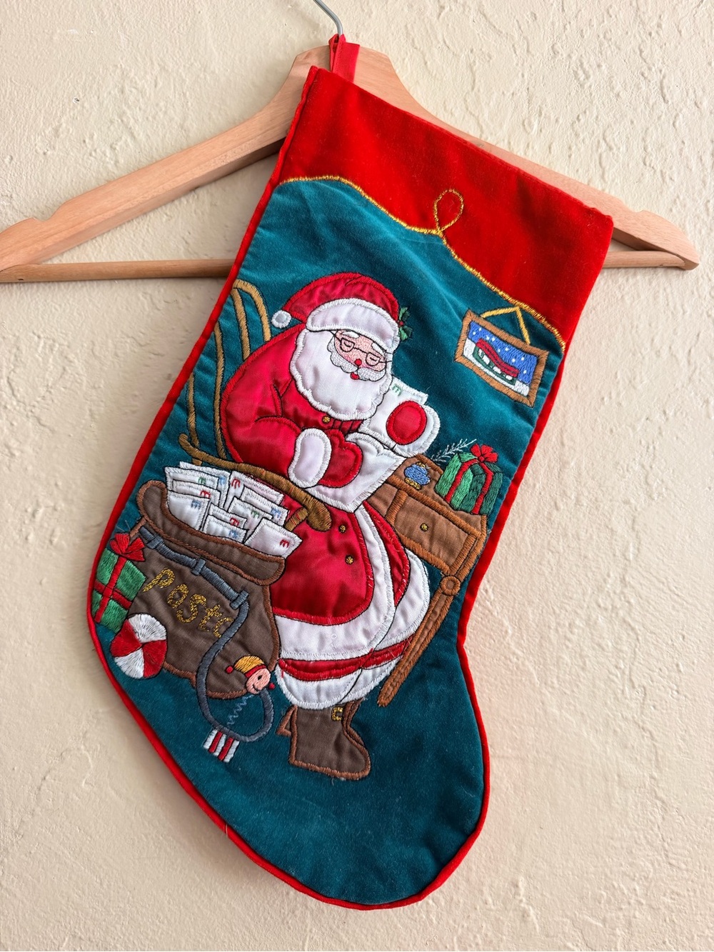 Vintage Red and Teal Santa Stocking - Vintage Holiday Decor